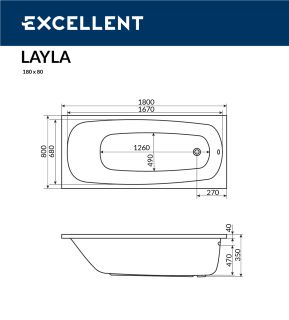Ванна акриловая Excellent Layla WAEX.LAY18WH 180 x 80 см
